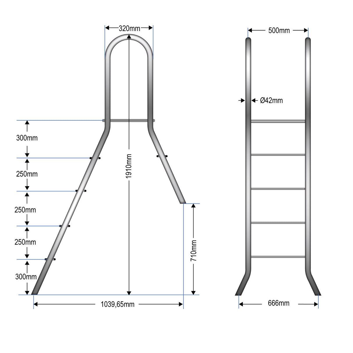 Hochbeckenleiter Edelstahl CLASSIC 120/40 mit 1 x 4 und 1 x 1 Stufe - B-Ware