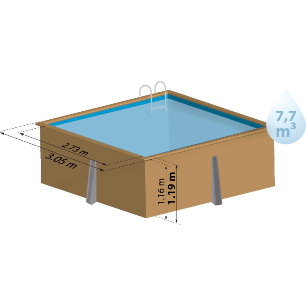 Ensemble complet de piscine GRE en bois véritable Carra carré 305 x 305 x 119 cm