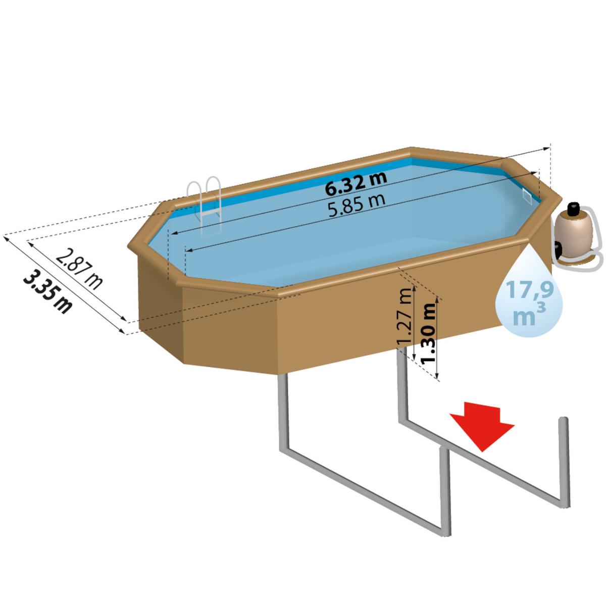 Ensemble complet de piscine GRE en bois véritable Macadamia Oval 632 x 335 x 130 cm