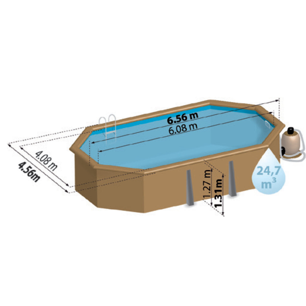 Ensemble complet de piscine GRE en bois véritable d'avocat ovale 656 x 456 x 131 cm