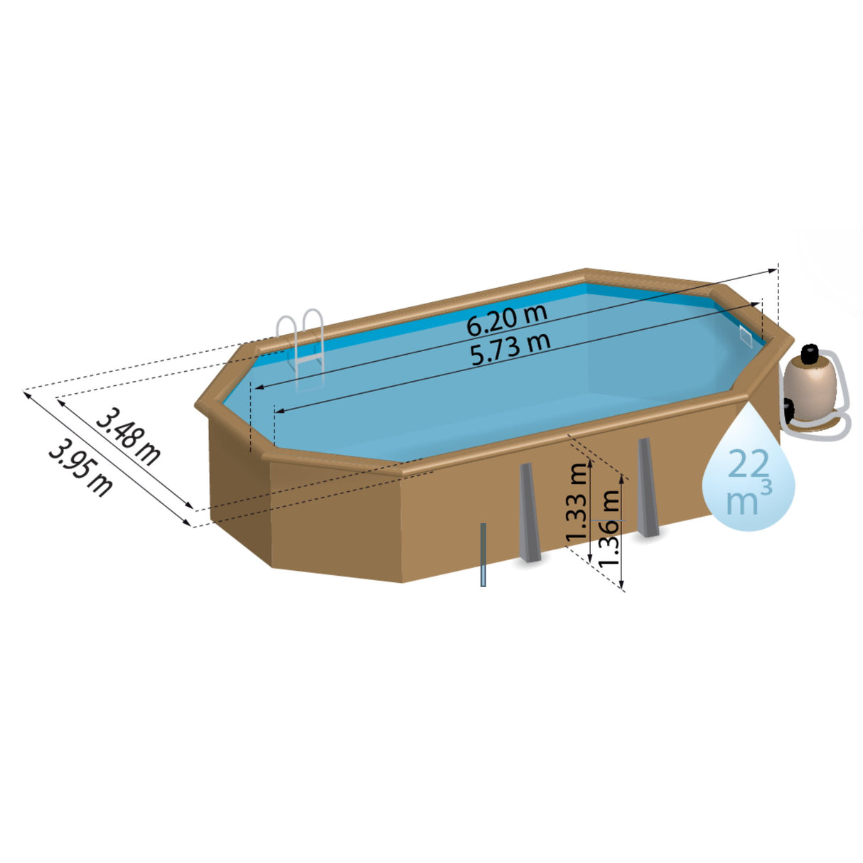 Ensemble complet de piscine GRE en bois véritable Safran 2 Ovale 620 x 395 x 136 cm