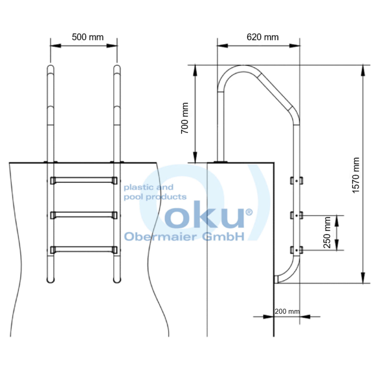 Einstiegsleiter BASIC weiter Holm 3-stufig V2A Edelstahl