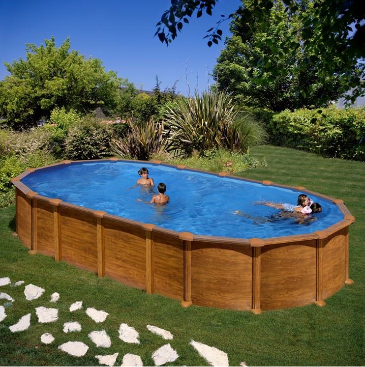 Ensemble piscine forme ovale GRE aspect bois Amazonia OMEGA 730 x 375 x 132 cm