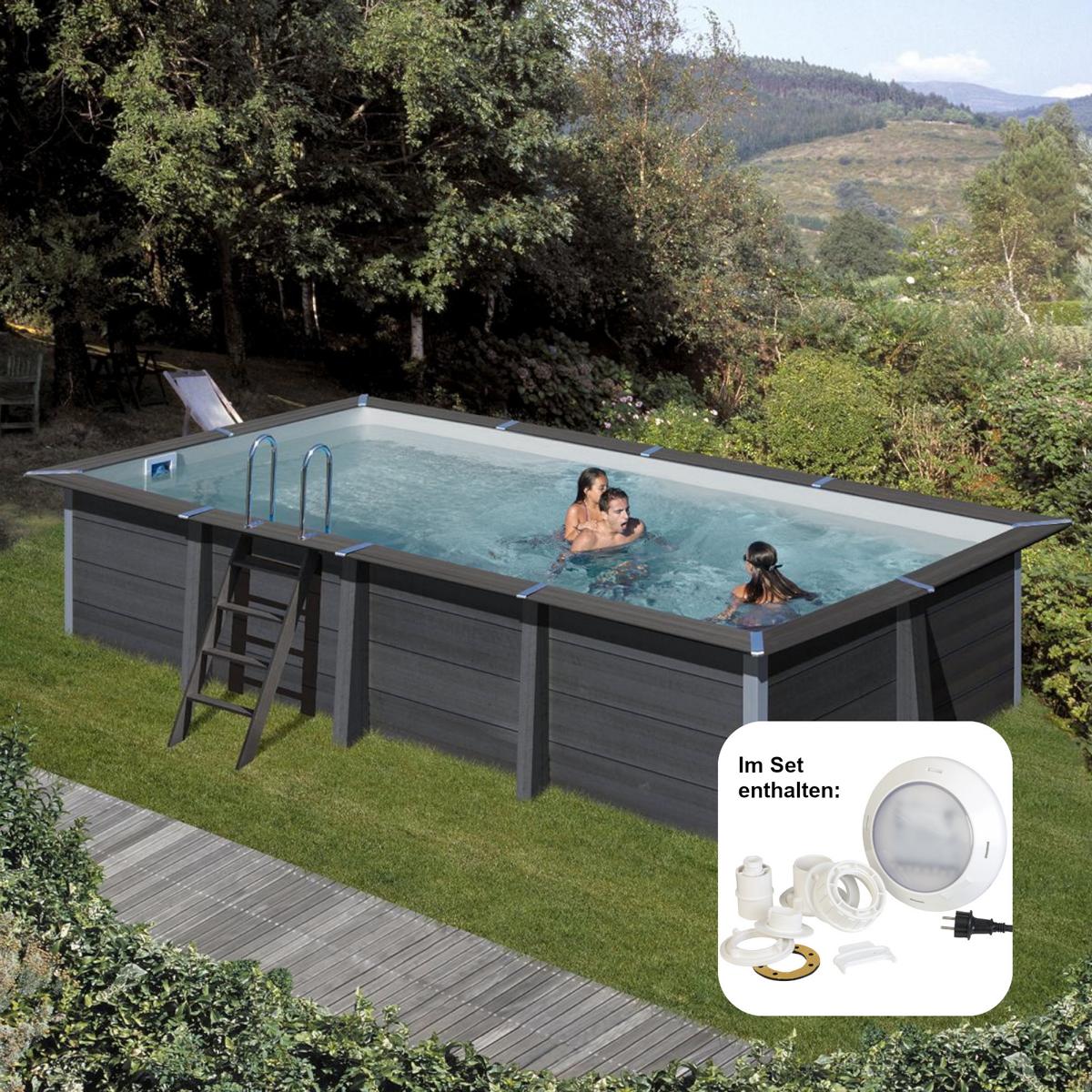 Ensemble de piscine rectangulaire GRE en composite 606 x 326 x 124 cm avec LED.