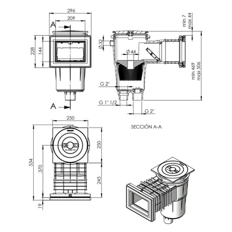 Einbauskimmer mit Standard-Saugöffnung - Deckelmitte: 365 mm