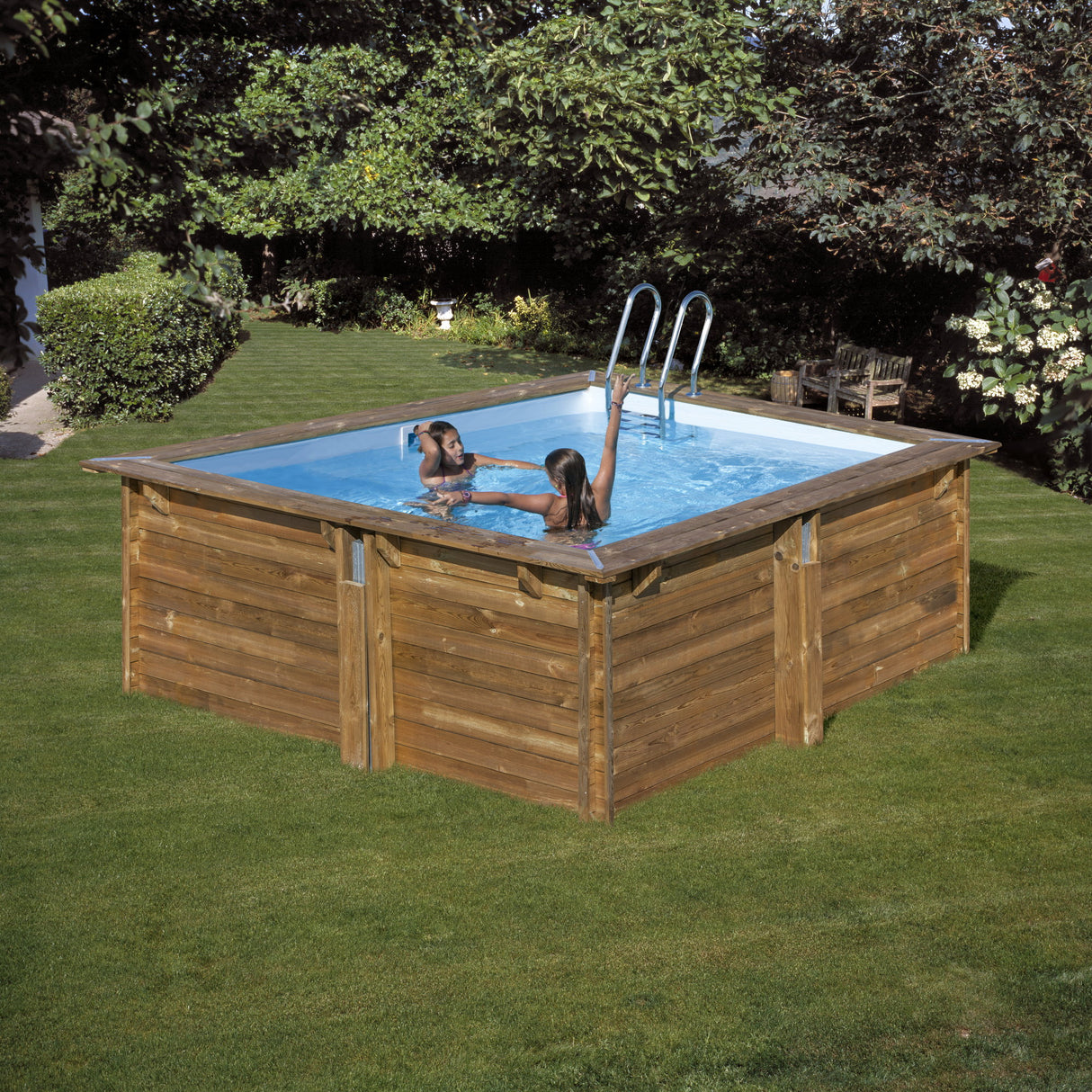 Ensemble complet de piscine GRE en bois véritable Carra carré 305 x 305 x 119 cm