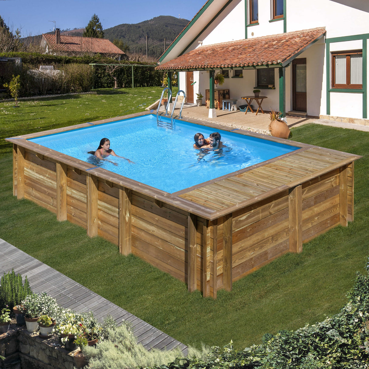 Ensemble complet de piscine GRE en bois véritable Evora Plus rectangle 620 x 420 x 136 cm