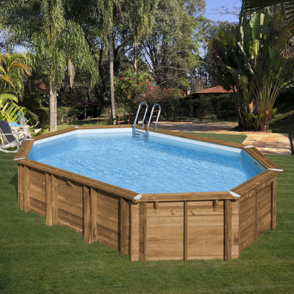 Ensemble complet de piscine GRE en bois véritable Safran 2 Ovale 620 x 395 x 136 cm