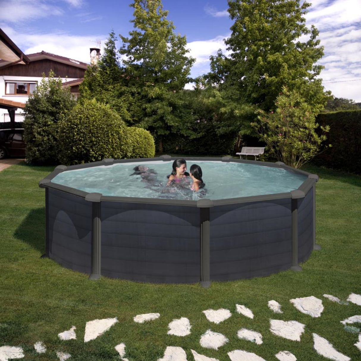 Ensemble piscine ronde GRE aspect graphite Granada Ø 460 x 132 cm