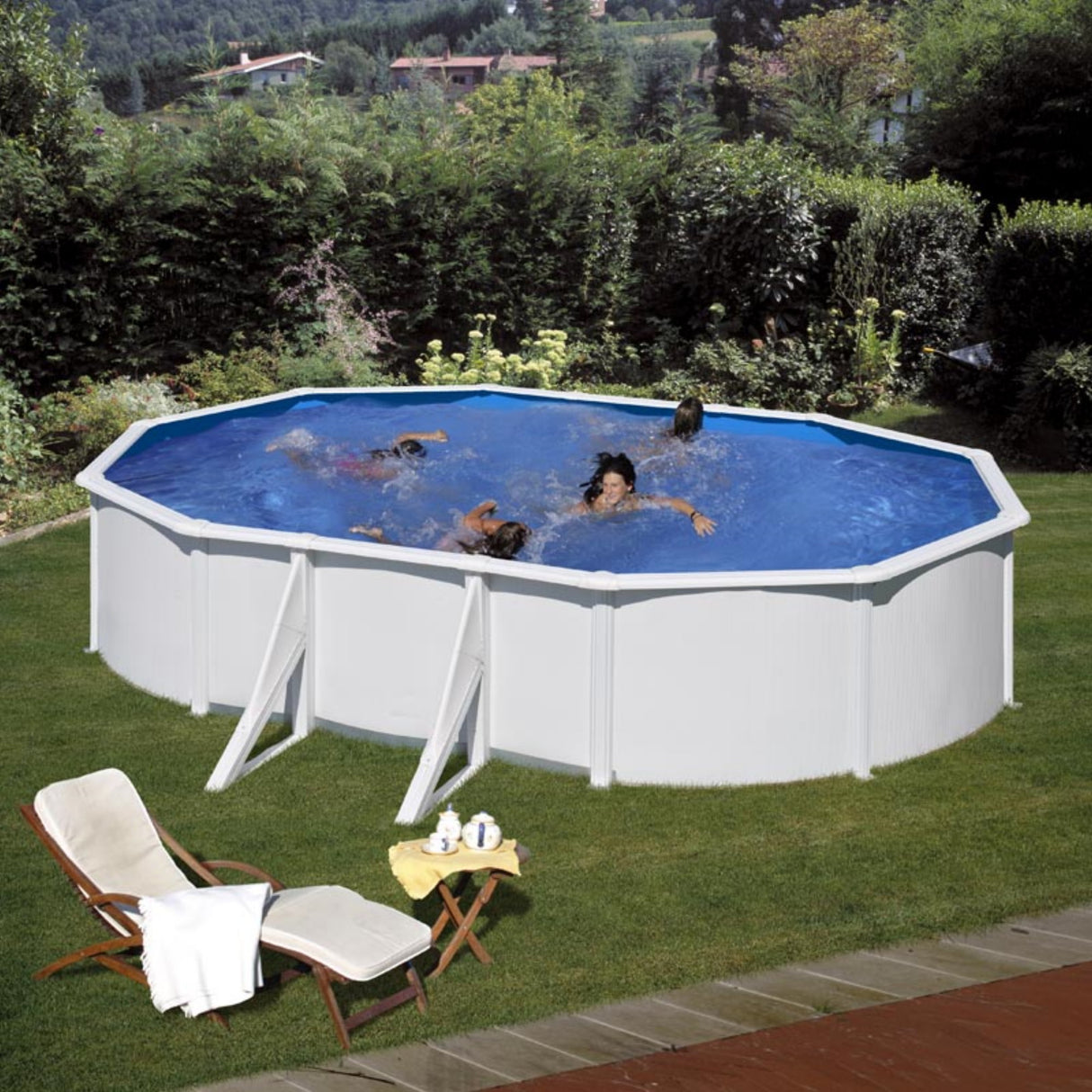 Ensemble piscine forme ovale GRE aspect acier Fidji 610 x 375 x 120 cm 