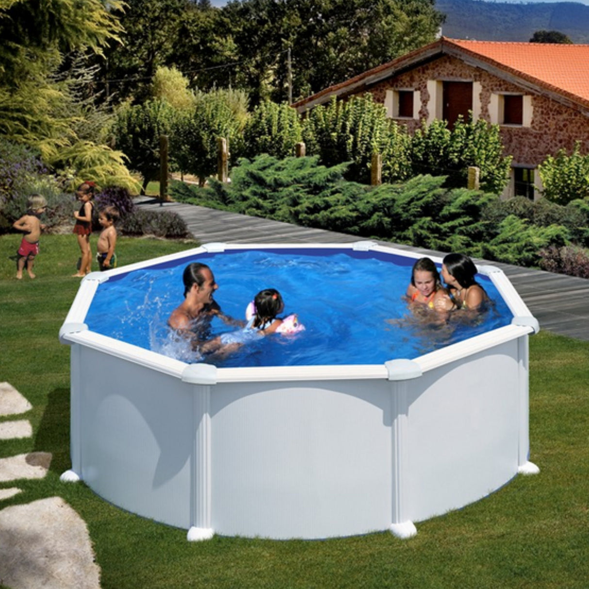 Ensemble piscine ronde GRE aspect acier Atlantis II Ø 350 x 132 cm 