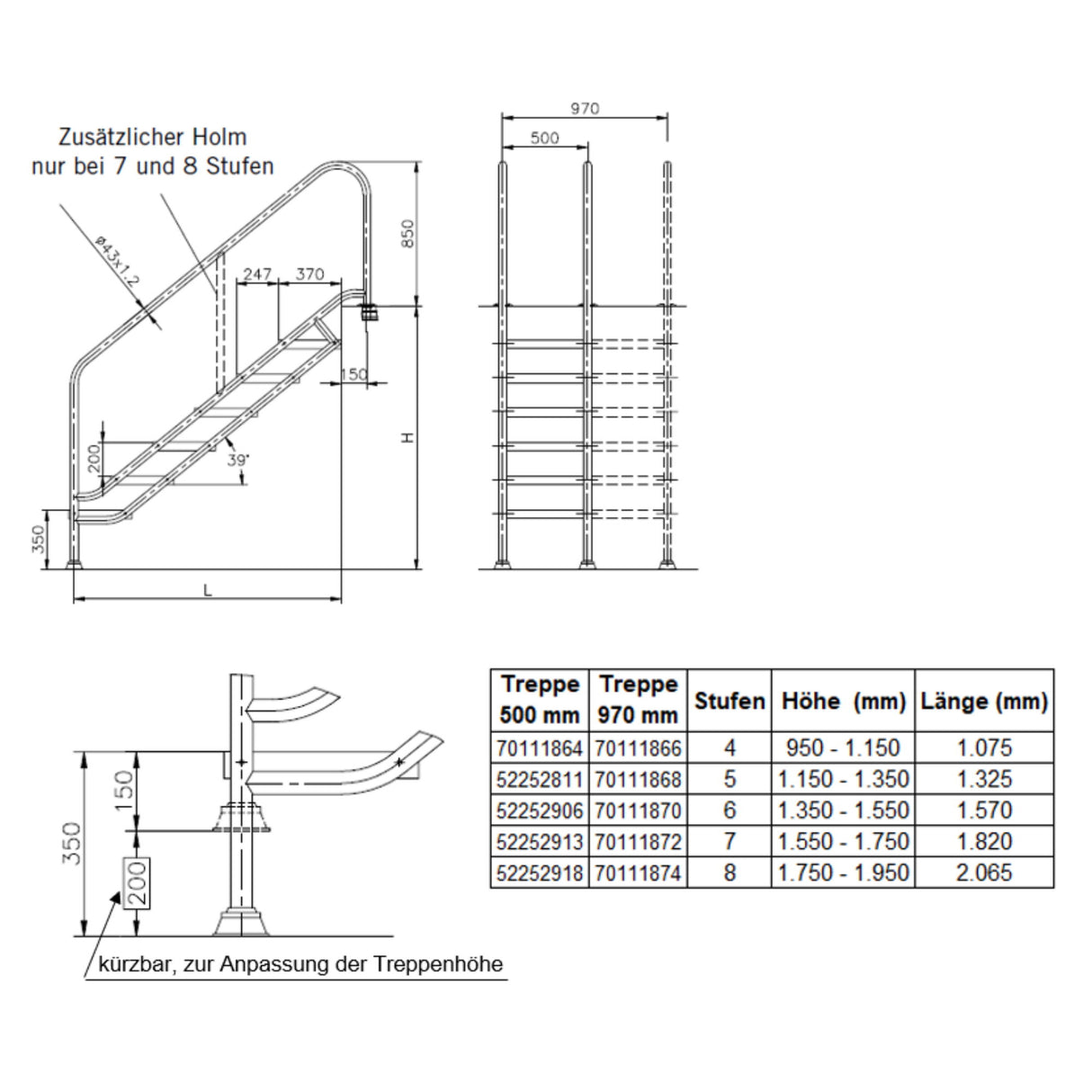 Einbautreppe V4A 7-stufig 500mm breit